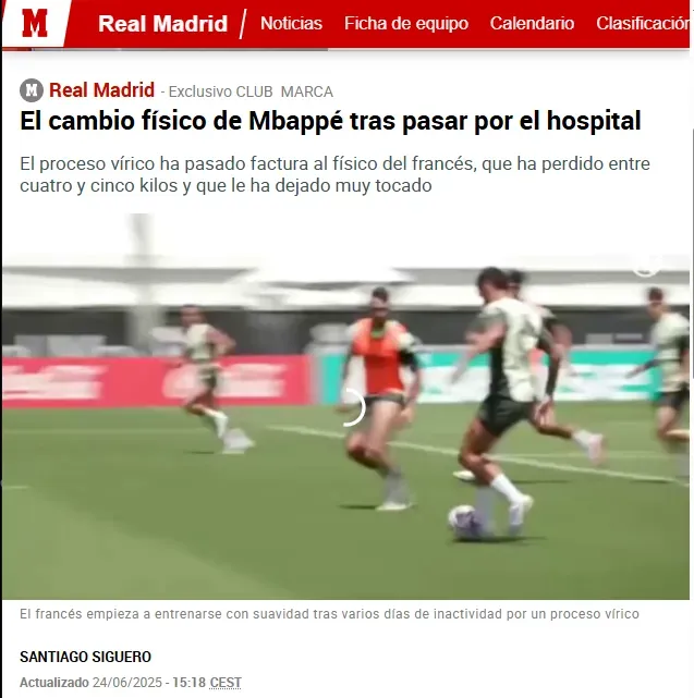La nota que Marca publicó sobre el estado de salud de Kylian Mbappé tras su hospitalización. Foto: Captura.