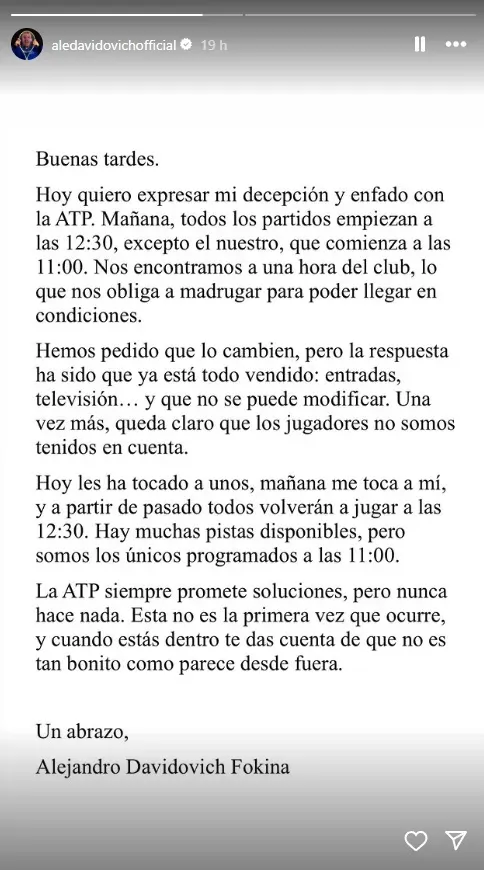 Alejandro Davidovich reclama contra la ATP en Instagram.