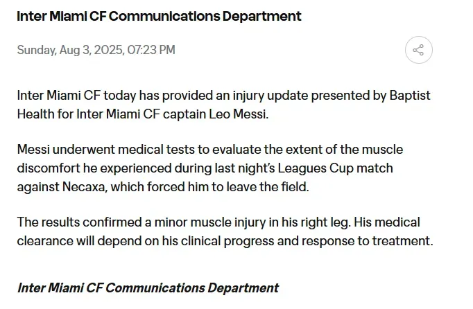 El parte médico de Lionel Messi tras la Leagues Cup. Foto: Inter Miami CF
