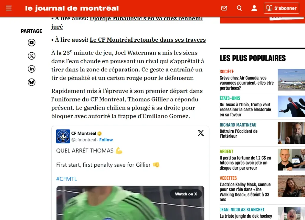 Le Journal de Montreal también habló del excelente debut de Thomas Gillier en Canadá. Foto: Captura.