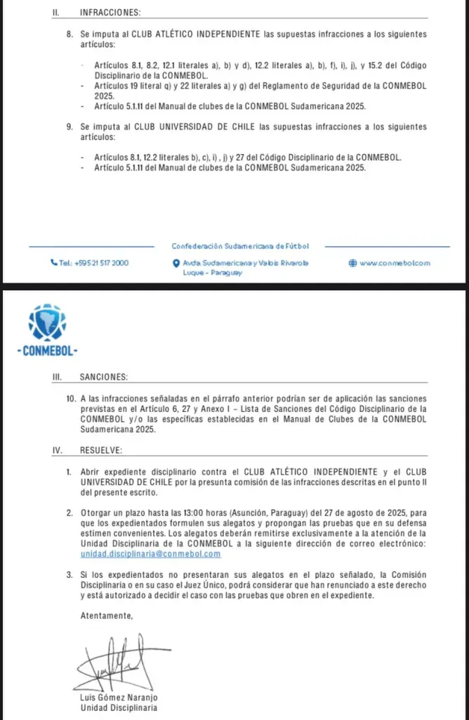 El escrito de la Conmebol.