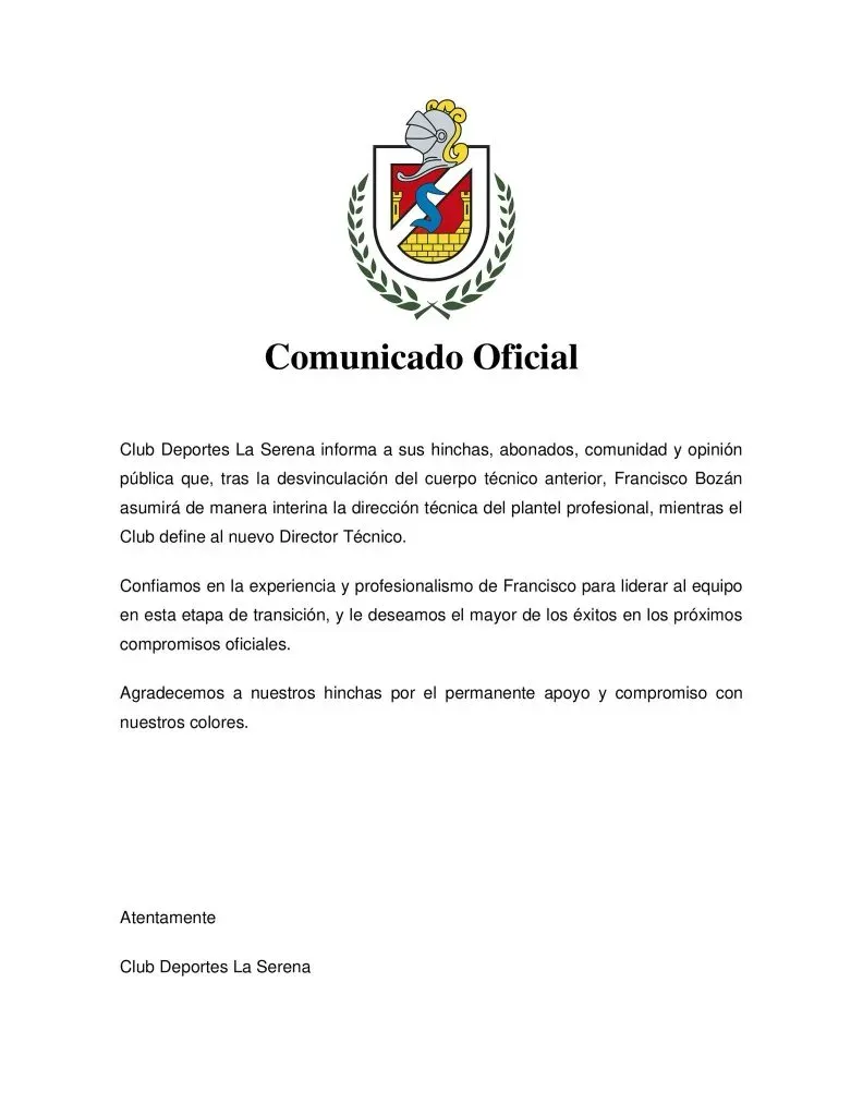El comunicado de Deportes La Serena para anunciar su interinato.