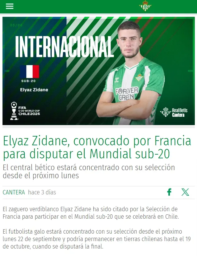 Así anunció el Betis la convocatoria de uno de sus jugadores, hijo de Zinedine Zidane. Foto: Betis.