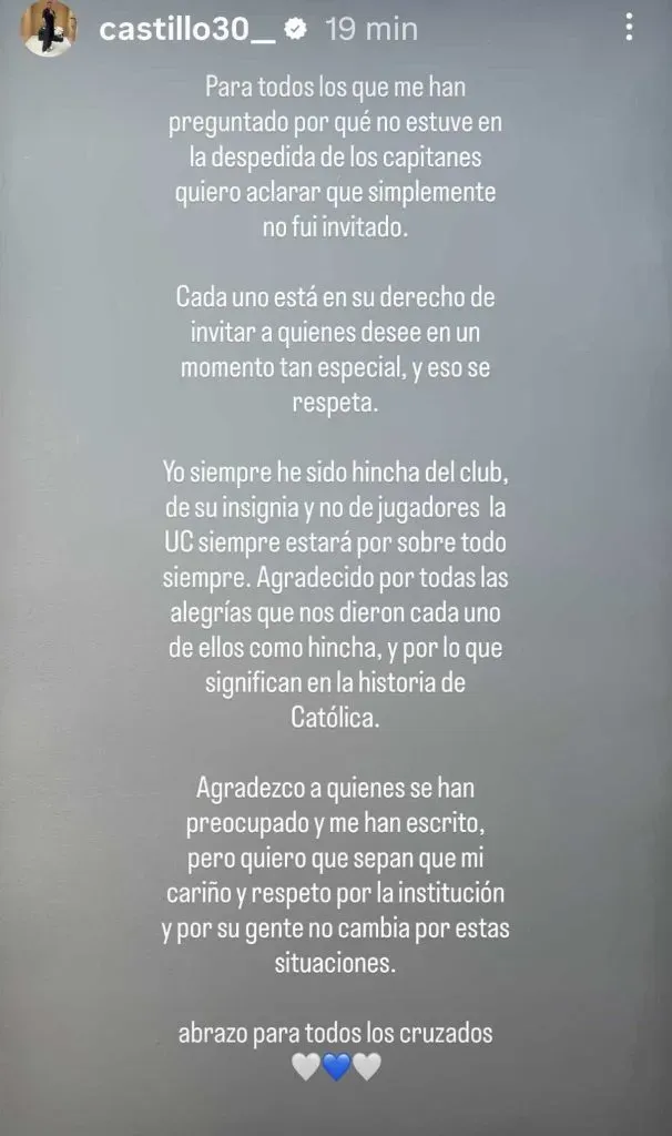 El mensaje de Nicolás Castillo por su ausencia en la despedida de los capitanes de la UC
