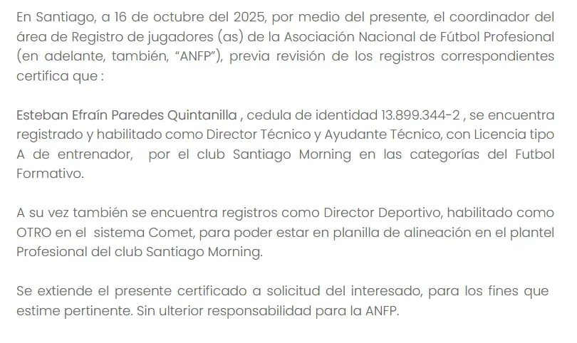 El certificado de Esteban Paredes.