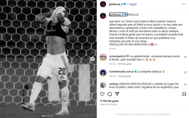 El posteo de Gianluca Prestianni tras perder en la final del Mundial Sub 20 con Argentina. | Foto: Captura.