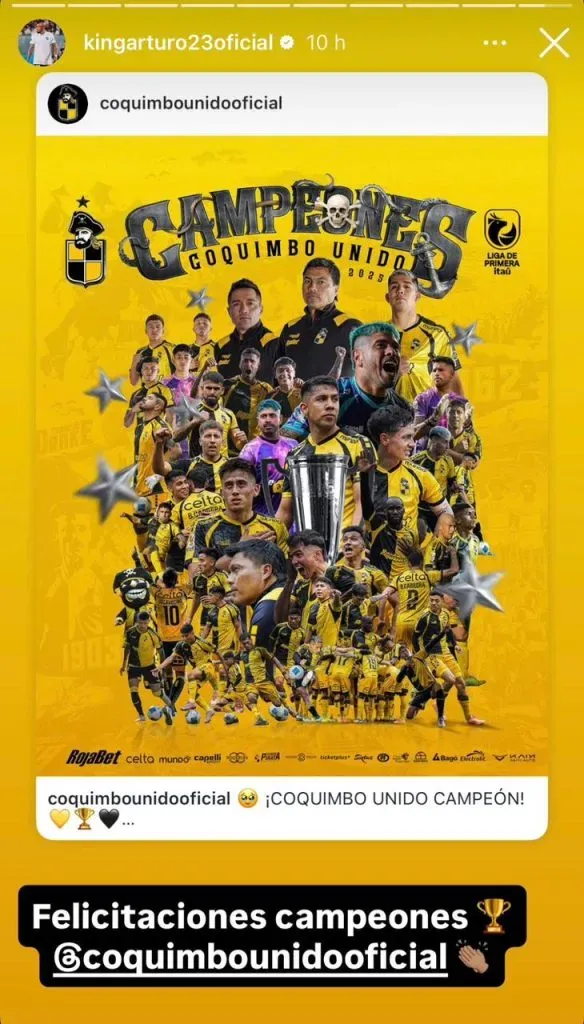 Arturo Vidal festejó el título de Coquimbo Unido en sus redes sociales. Foto: Instagram.