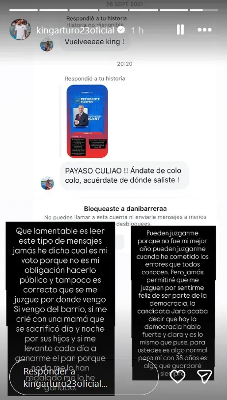 Arturo Vidal y una respuesta que publicó. (Captura Instagram).