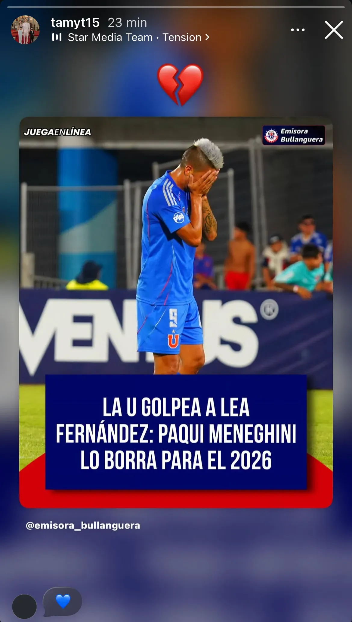 Leandro Fernández cortado por Meneghini en la U: la reacción de la esposa del delantero.