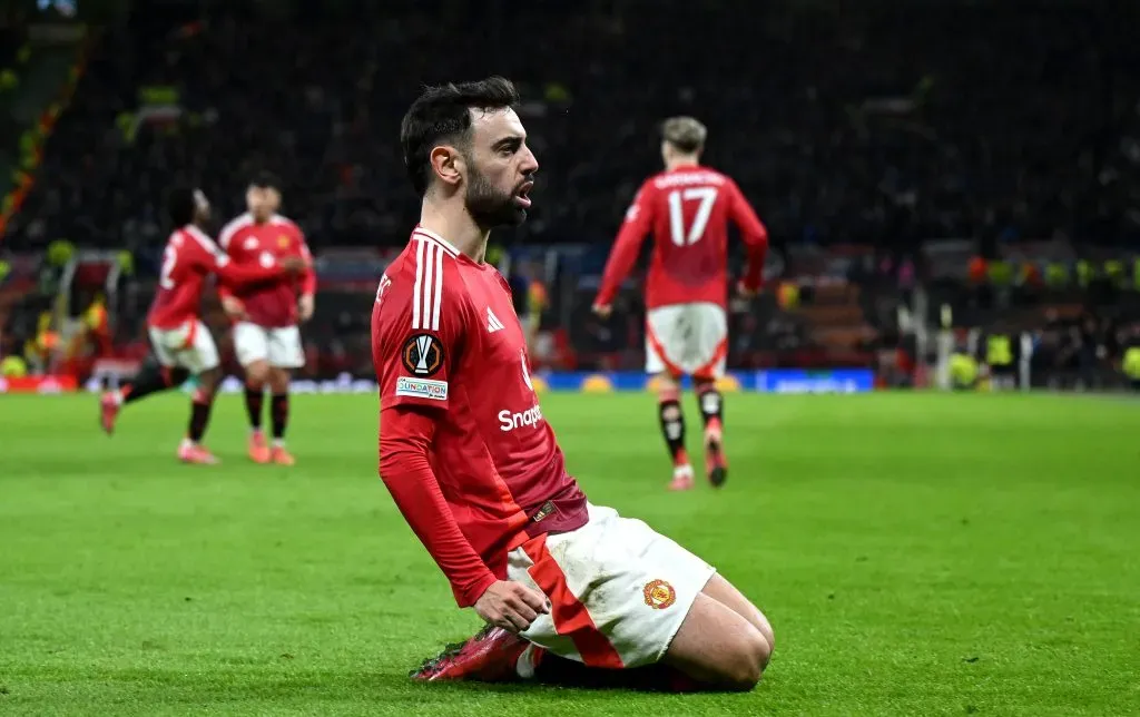 Bruno Fernandes a festejar o golo que recolocou o United em vantagem. Foto: Shaun Botterill/Getty Images.