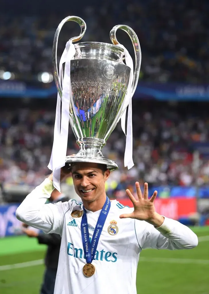 Cristiano Ronaldo a celebrar a conquista da quinta Champions, em 2018. Foto: Laurence Griffiths/Getty Images.