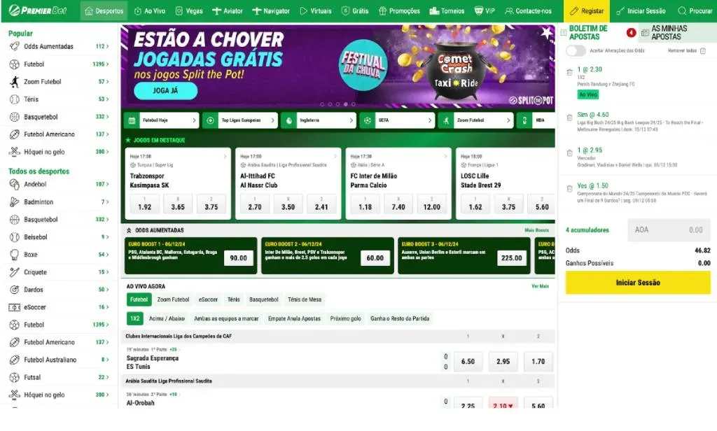 Interface da Premier Bet apostas