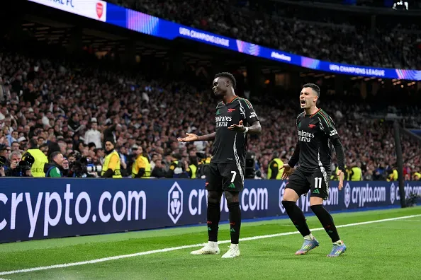 Bukayo Saka celebra o primeiro golo do Arsenal no Bernabéu. Foto: Getty Images