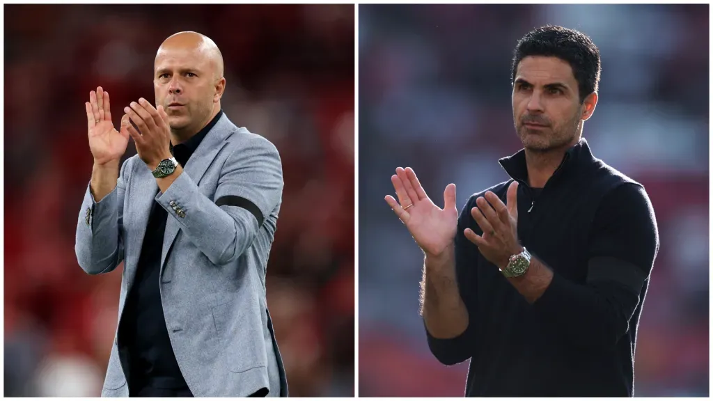 Arne Slot e Mikel Arteta fizeram a antevisão do Liverpool x Arsenal. Fotos: Getty.