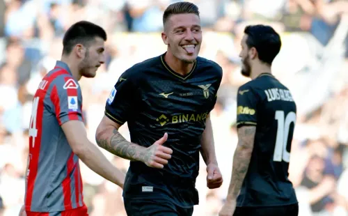 ROME, ITALY – MAY 28: Sergej Milinkovic Savic of SS Lazio celebrates a second goal with his team mates during the Serie A match between SS Lazio and US Cremonese at Stadio Olimpico on May 28, 2023 in Rome, Italy. (Photo by Marco Rosi – SS Lazio/Getty Images)
