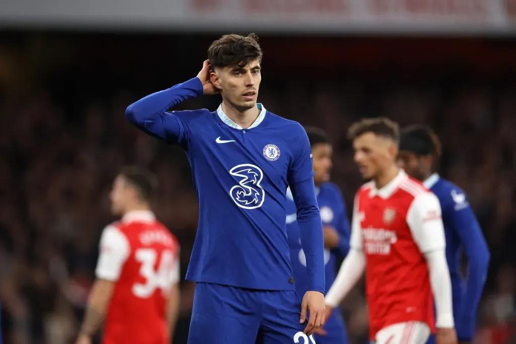 LONDON, ENGLAND – MAY 02: Kai Havertz of Chelsea reacts during the Premier League match between Arsenal FC and Chelsea FC at Emirates Stadium on May 02, 2023 in London, England. (Photo by Alex Pantling/Getty Images)