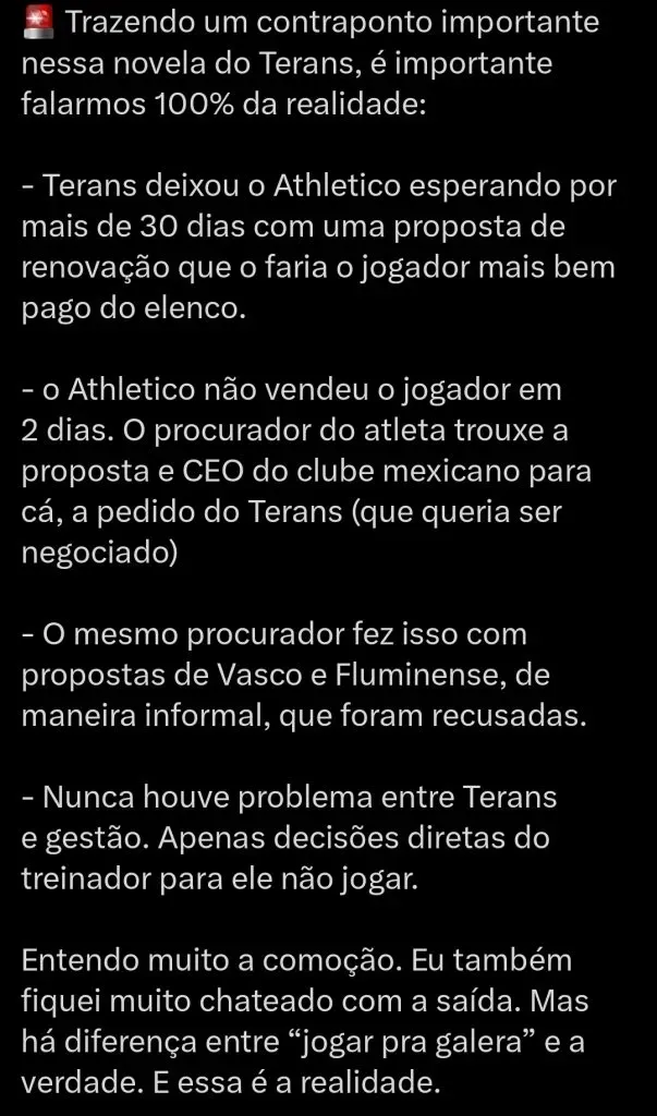 Vinicius Furlan sobre a saída de Terans via Twitter