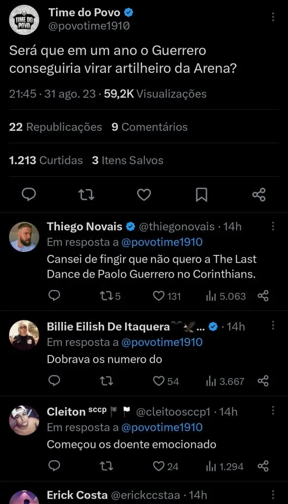 Torcida do Corinthians debate retorno de Guerrero no Twitter