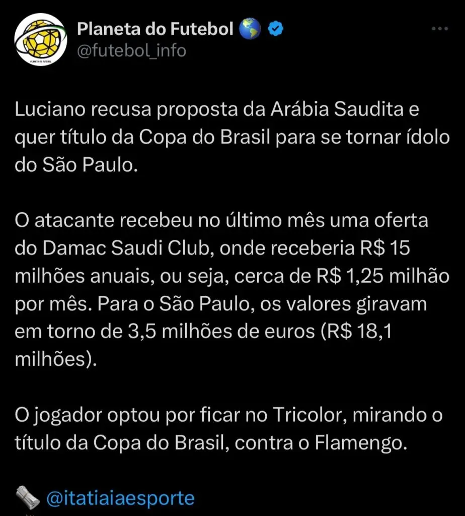 Camisa 10 do São Paulo, Luciano recusa oferta do Damac Saudi Club