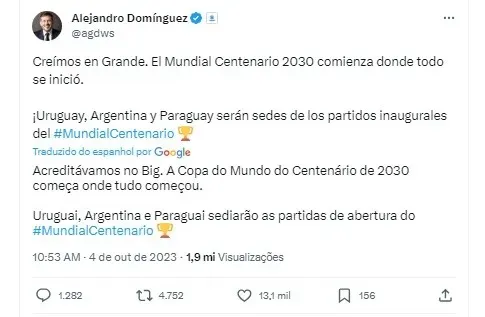 Presidente da Conmebol anuncia abertura da Copa do Mundo de 2030