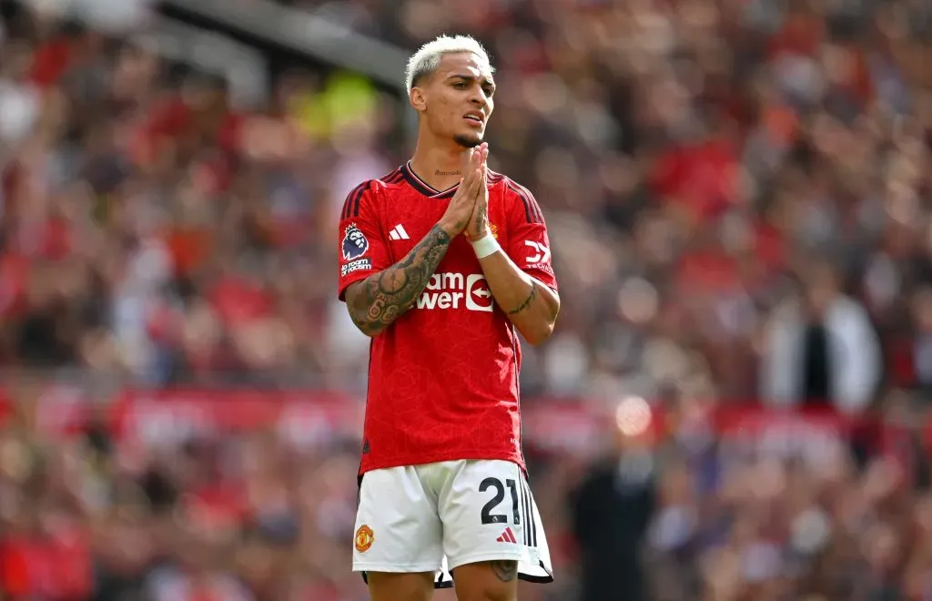 MANCHESTER, ENGLAND – AUGUST 26: Manchester United player Antony reacts during the Premier League match between Manchester United and Nottingham Forest at Old Trafford on August 26, 2023 in Manchester, England. (Photo by Stu Forster/Getty Images)