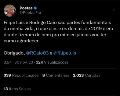 Torcedor do Flamengo agradece Rodrigo Caio e Filipe Luis.