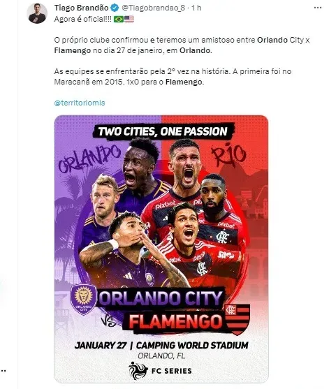 Flamengo anuncia jogo com Orlando City em pré-temporada nos