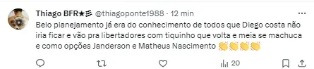 Torcida comenta no Twitter sobre situação dos substitutos de Diego Costa