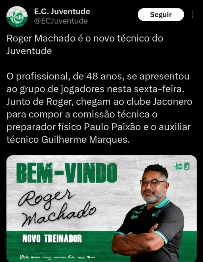Roger Machado anunciado. (Juventude/Divulgação).