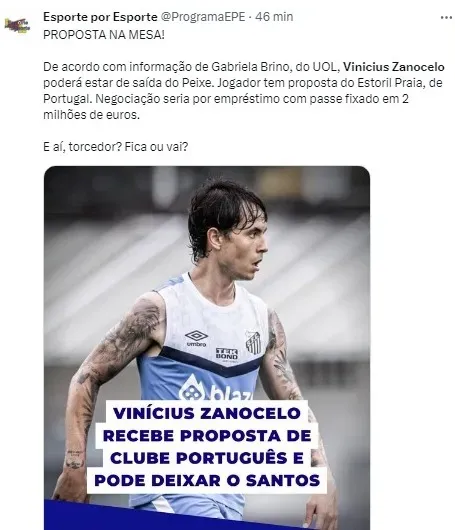 O valor fixado na proposta, ultrapassa os 2 milhões de euros (R$ 10,7 mi) investidos pelo Santos na aquisição do jogador