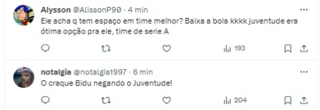Torcida comenta sobre Bidu recusando a proposta do Juventude