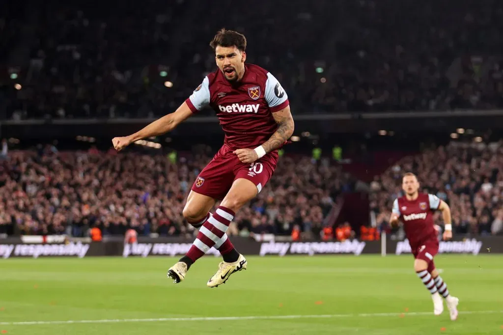 Lucas Paquetá comemora gol pelo West Ham. Foto: Julian Finney/Getty Images