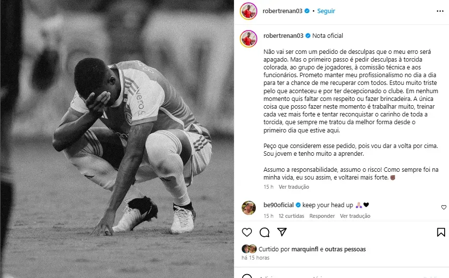 Jogador se desculpa com a torcida | Foto: Reprodução/Instagram