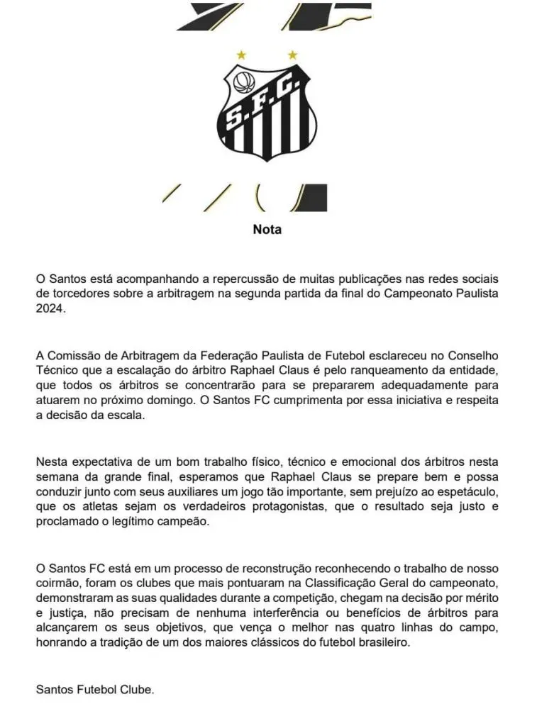 Nota Oficial publicada pelo clube | Foto: divulgação