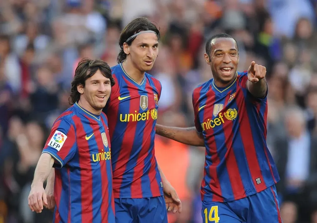 Lionel Messi (L), Zlatan Ibrahimovic (C) and Thierry Henry of Barcelona  (Photo by Denis Doyle/Getty Images)