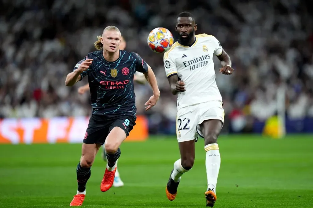 Erling Haaland of Manchester City and Antonio Ruediger of Real Madrid (Photo by Angel Martinez/Getty Images)