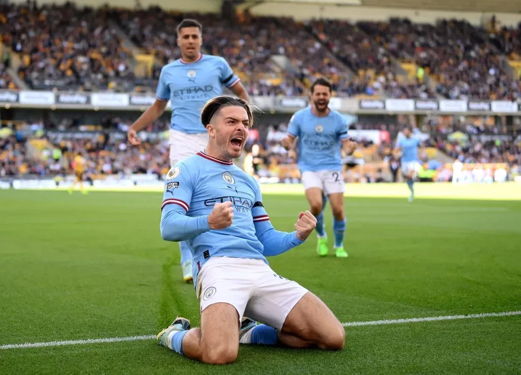 Jack Grealish celebrando gol pelo Manchester City. (Photo by Laurence Griffiths/Getty Images)