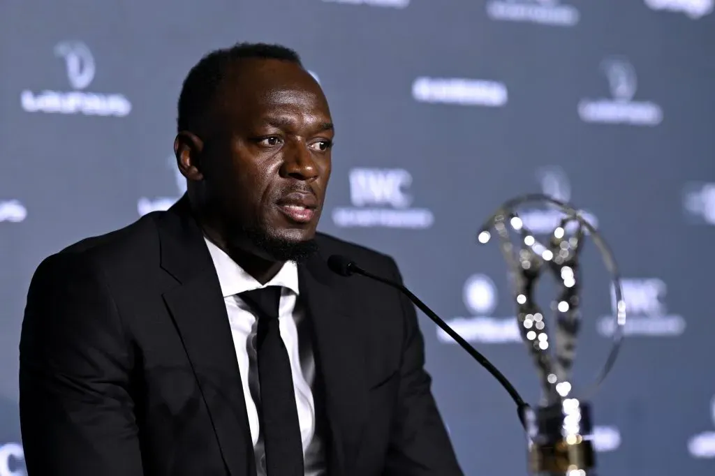 Usain Bolt speaks . (Photo by Carlos Alvarez/Getty Images for Laureus)