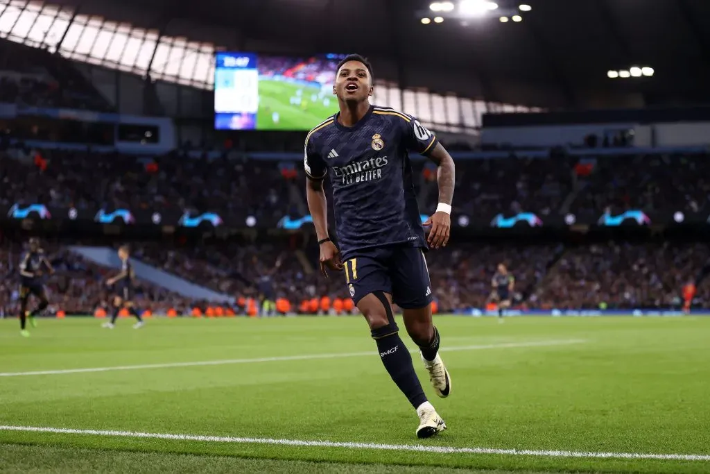 Rodrygo vs Man City. (Photo by Naomi Baker/Getty Images)