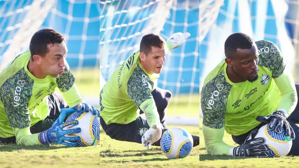 Marchesín, Rafael Cabral e Caíque, respectivamente durante o treino do Grêmio | Foto: LUCAS UEBEL/GREMIO FBPA