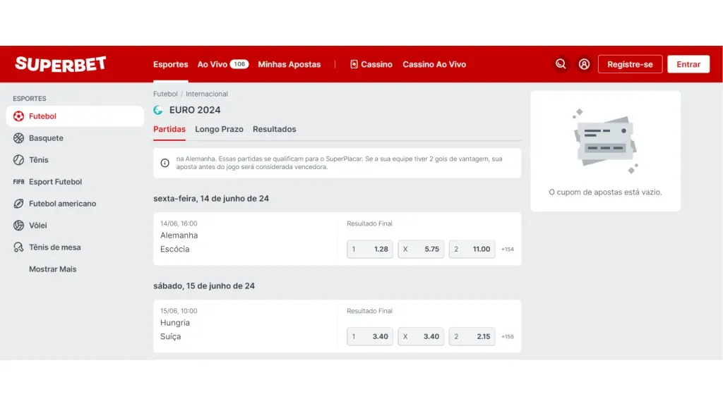 Os mercados especiais já estão disponíveis na Superbet para a Eurocopa 2024.