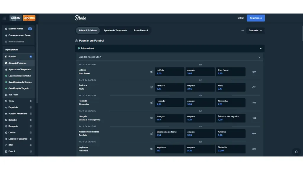 Os principais esportes e competições estão disponíveis para apostas na Stake. Reprodução/Stake.