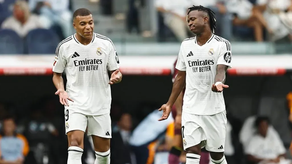 Kylian Mbappe, Vinicius Junior (Real). Partida da LaLiga EA Sports entre Real Madrid CF 3-0 Real Valladolid CF no Estádio Santiago Bernabéu, em Madrid, Espanha. (Foto: IMAGO / AFLOSPORT)