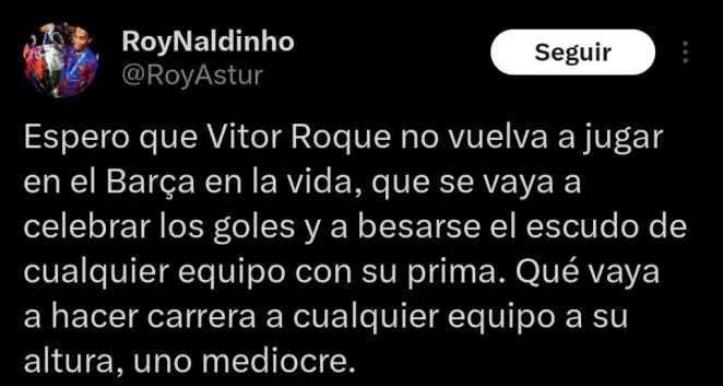 Torcedor do Barcelona sobre Vitor Roque no X.