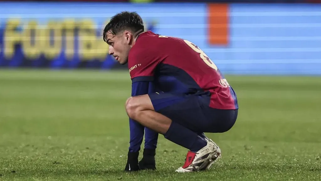 Pedri, do FC Barcelona, lamenta durante a partida da liga espanhola, La Liga EA Sports, entre FC Barcelona e CD Leganés, disputada no Estádio Olímpico de Montjuïc em Barcelona, Espanha, no dia 15 de dezembro de 2024. (Foto: IMAGO / ZUMA Press Wire)