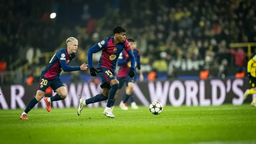 Lamine Yamal em jogo do Barcelona. Foto: Fabio Deinert/Getty Images for Qatar Airways