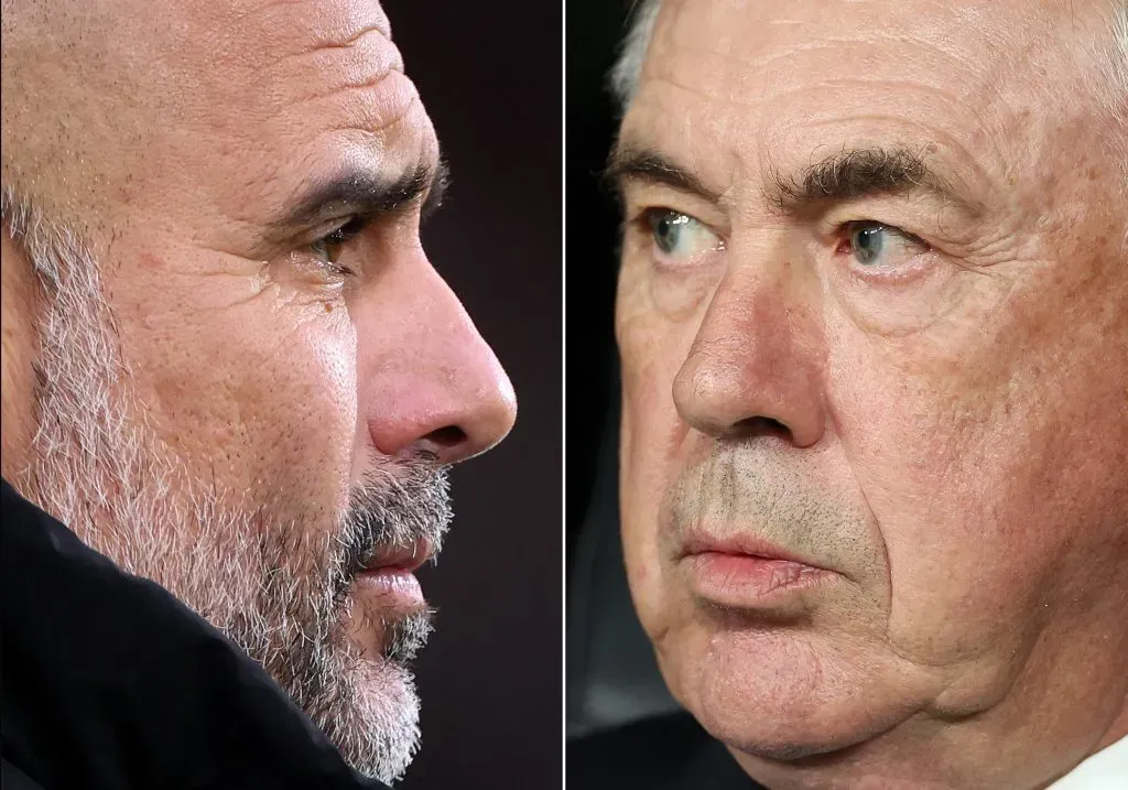 Pep Guardiola e Carlo Ancelotti. Manchester City x Real Madrid hoje (Photo by Alex Pantling/Getty Images) e (Photo by Florencia Tan Jun/Getty Images)