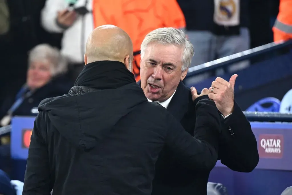 Carlo Ancelotti e Guardiola em Real Madrid x Manchester City (Photo by Michael Regan/Getty Images)