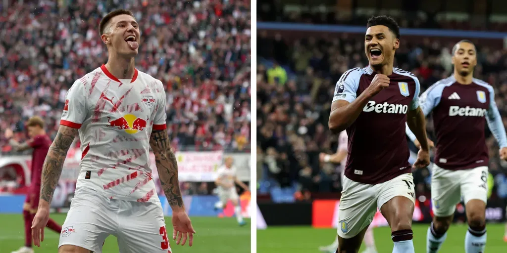 Benjamin Sesko, atacante do RB Leipzig (Photo by Maja Hitij/Getty Images) e Ollie Watkins, do Aston Villa (Photo by David Rogers/Getty Images), ambos alvos do Arsenal