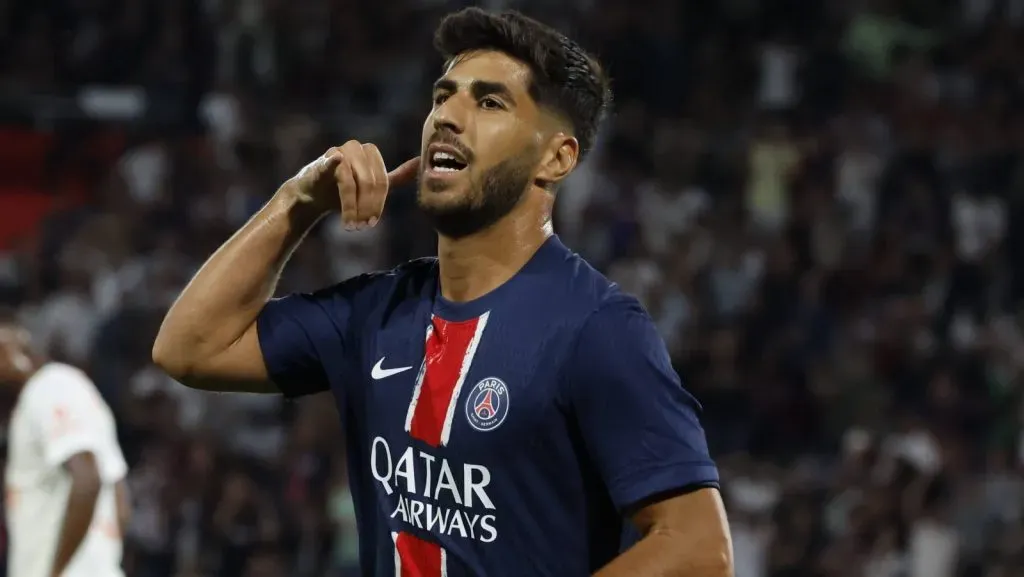 Paris, França: PSG x Montpellier na Ligue 1 de futebol. PSG vence o Montpellier por 6 a 0. A alegria de Marco Asensio (PSG em uniforme azul) após seu gol do 2 a 0. (Foto: IMAGO / Starface)